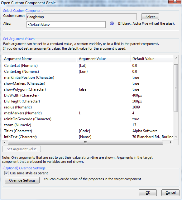 Open Custom Component Genie Arguments